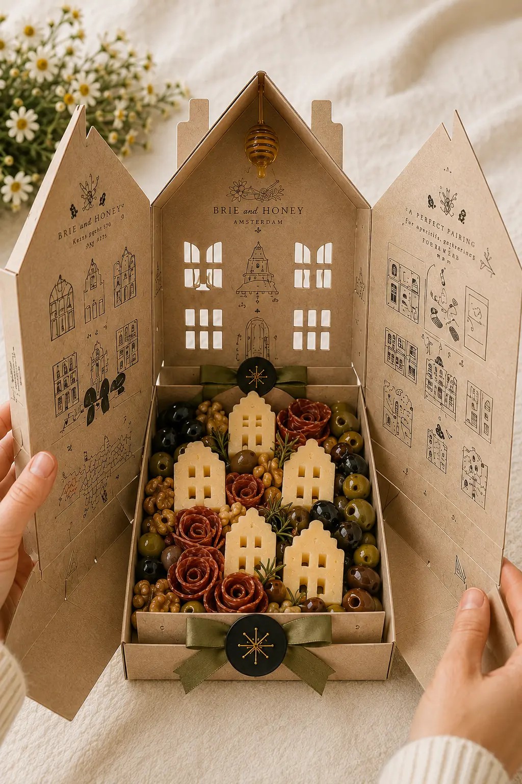 Hands opening the Amsterdam house package to reveal cheese canal houses, olives and walnuts inside