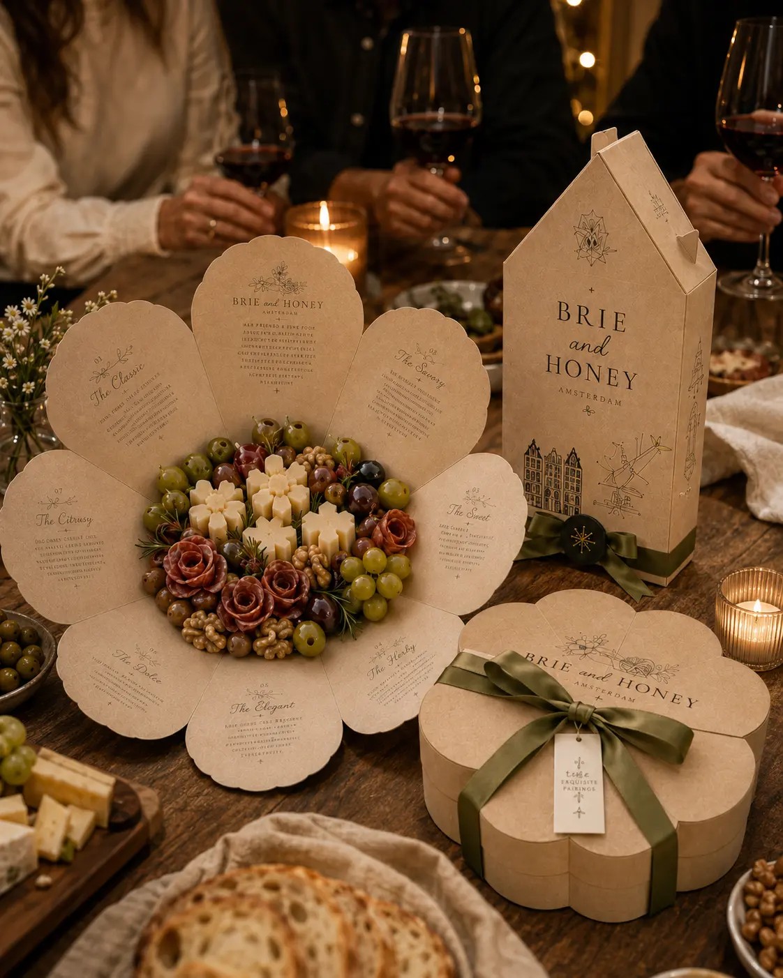 Dinner table with both Brie and Honey packages, wine and candles