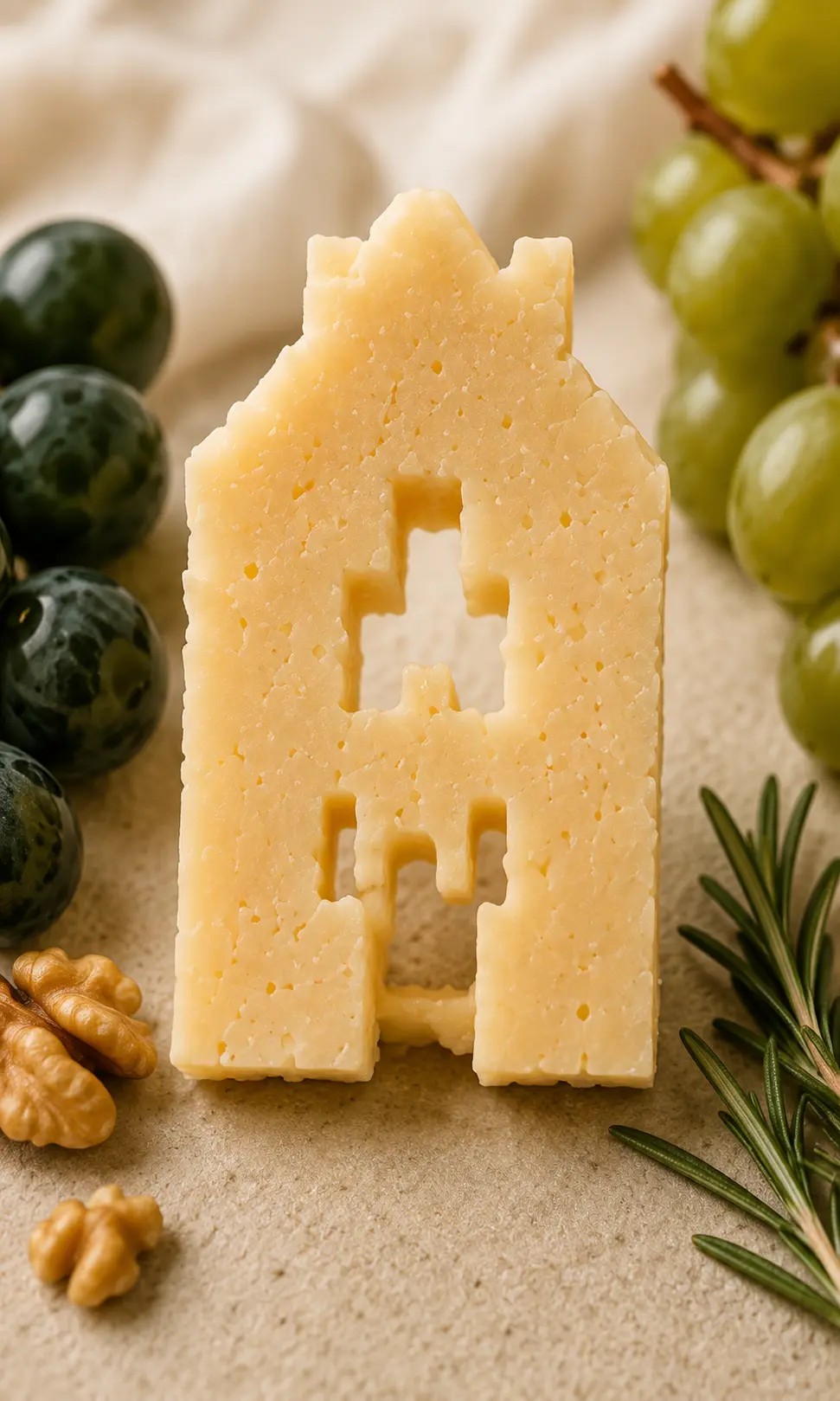 Close-up of cheese cut into the silhouette of an Amsterdam canal house beside grapes and rosemary