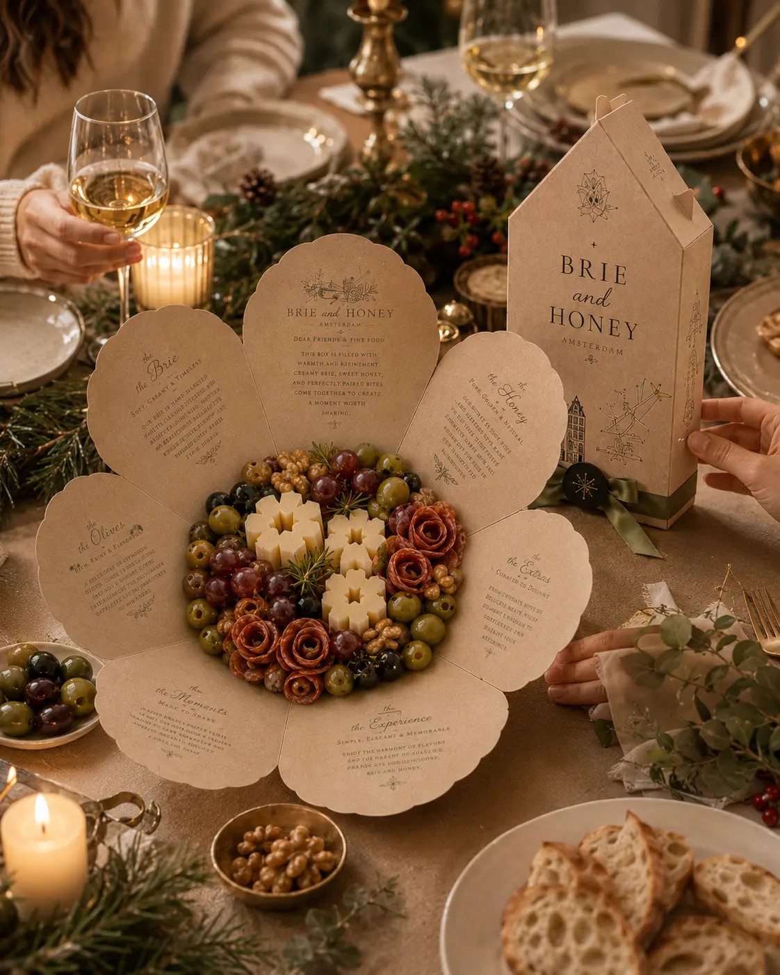 Festive table with both Brie and Honey packages, candles and greenery
