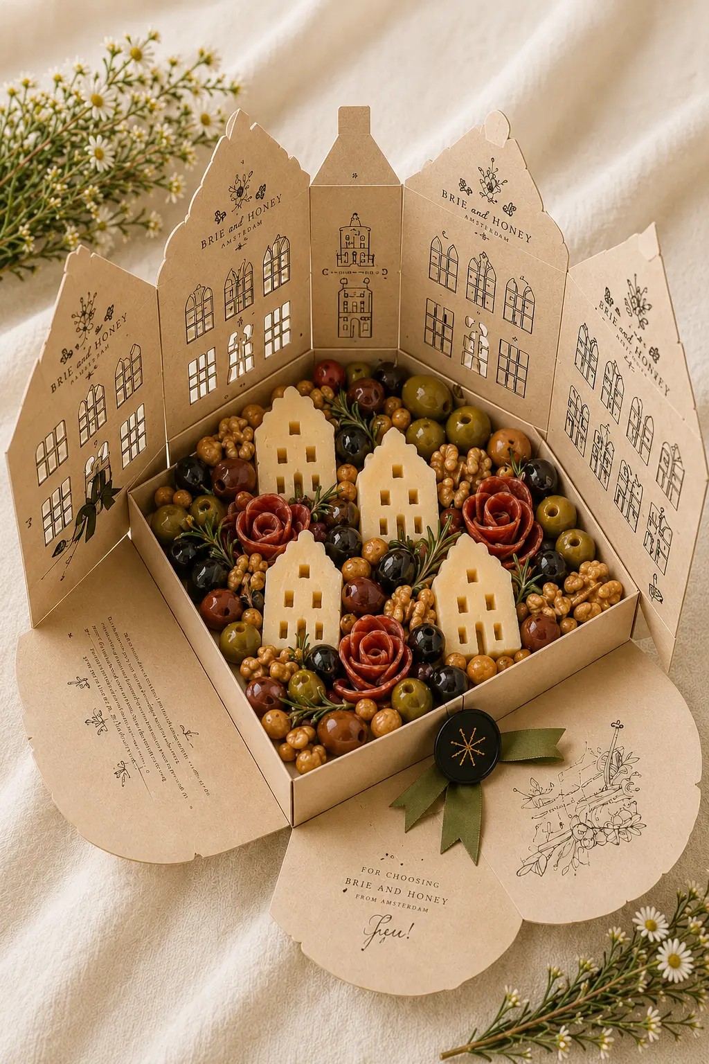 Large Brie and Honey Amsterdam house package opened with cheeses, salami roses, olives and walnuts