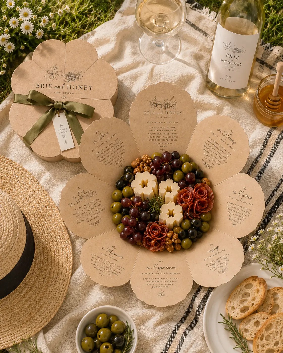 Picnic blanket in the park with an opened Brie and Honey board and glasses