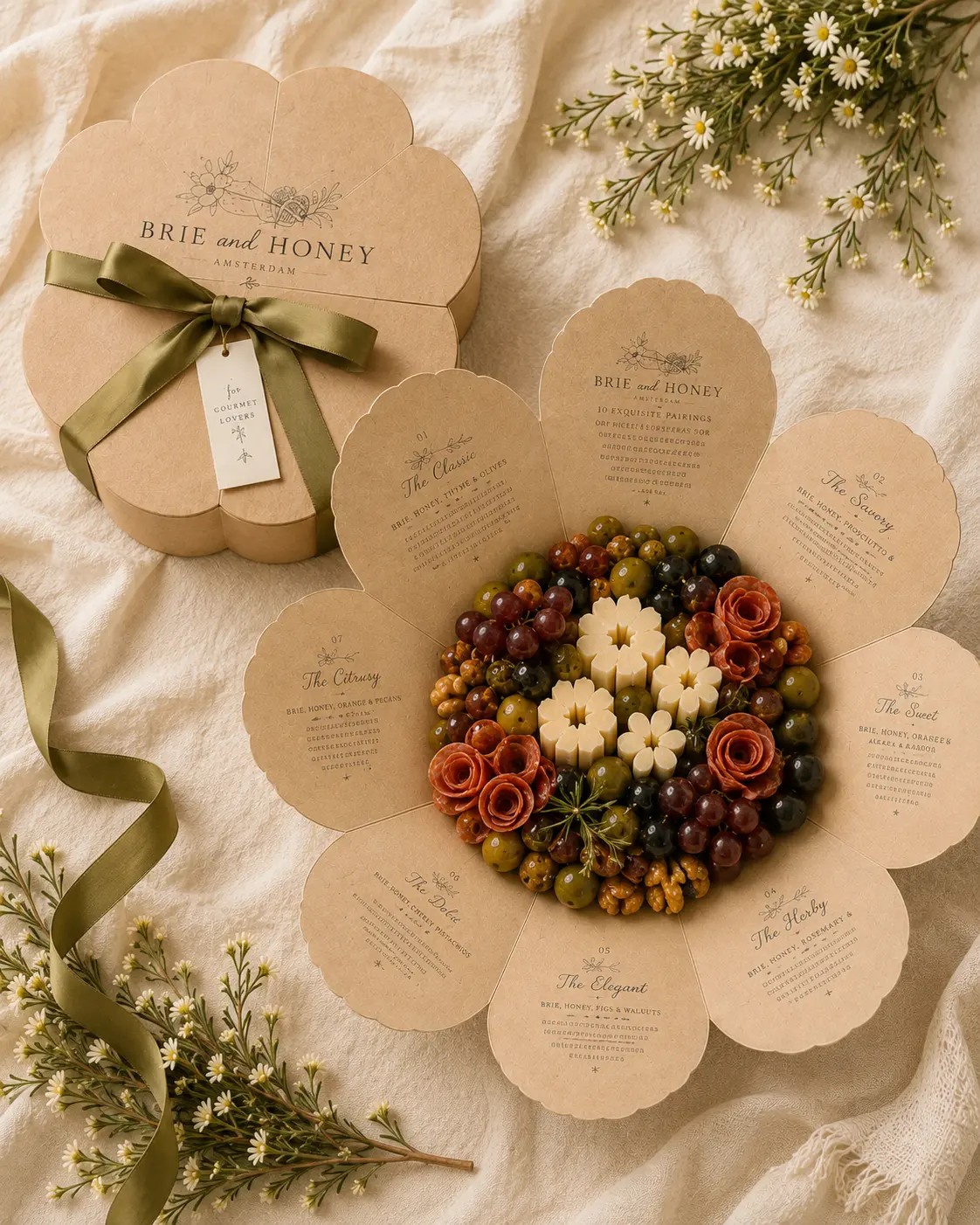 Flower package shown closed beside the same package fully opened with printed pairing petals