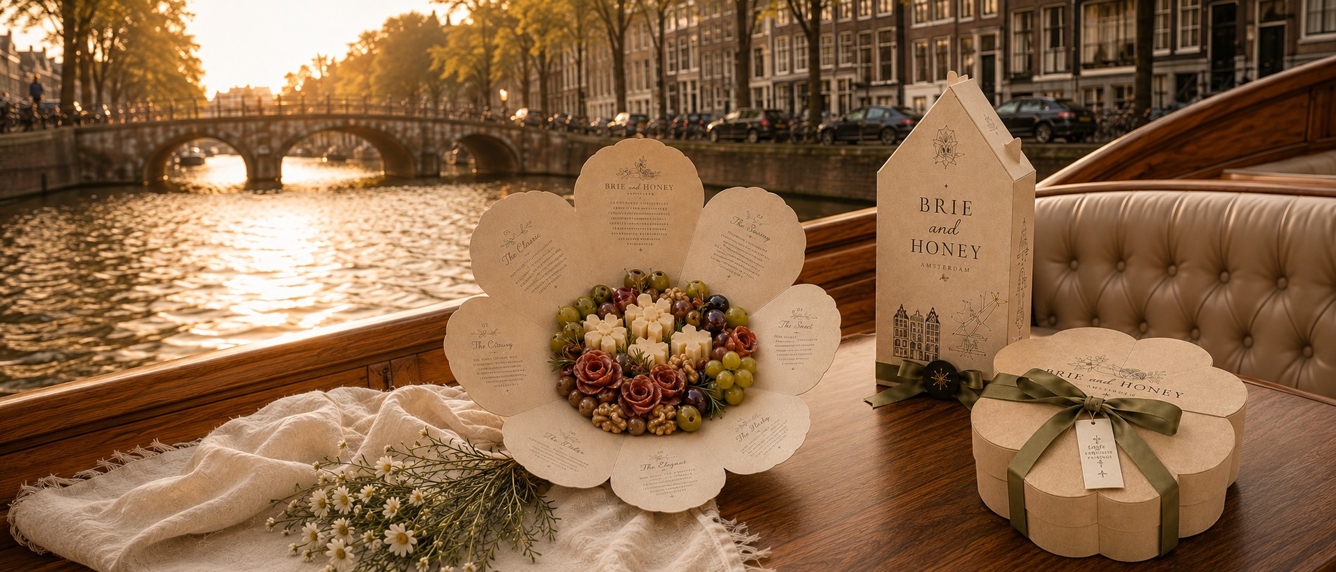 Brie and Honey flower package and Amsterdam house package on a canal boat at golden hour