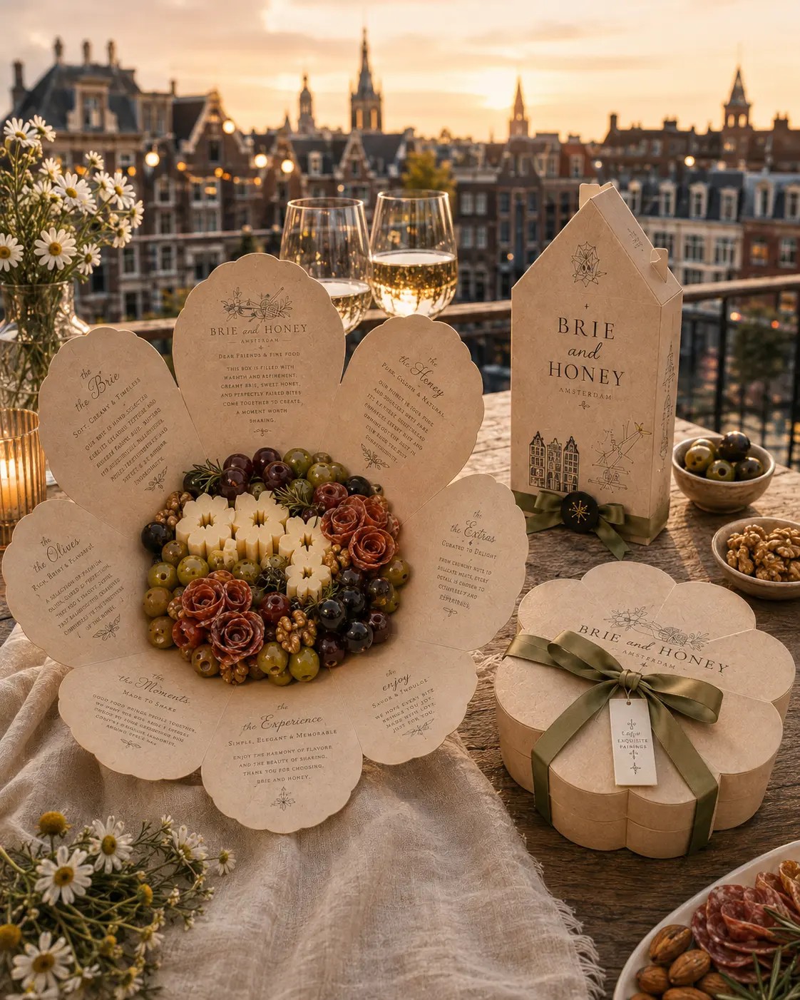 Rooftop table at sunset with a Brie and Honey grazing board and glasses