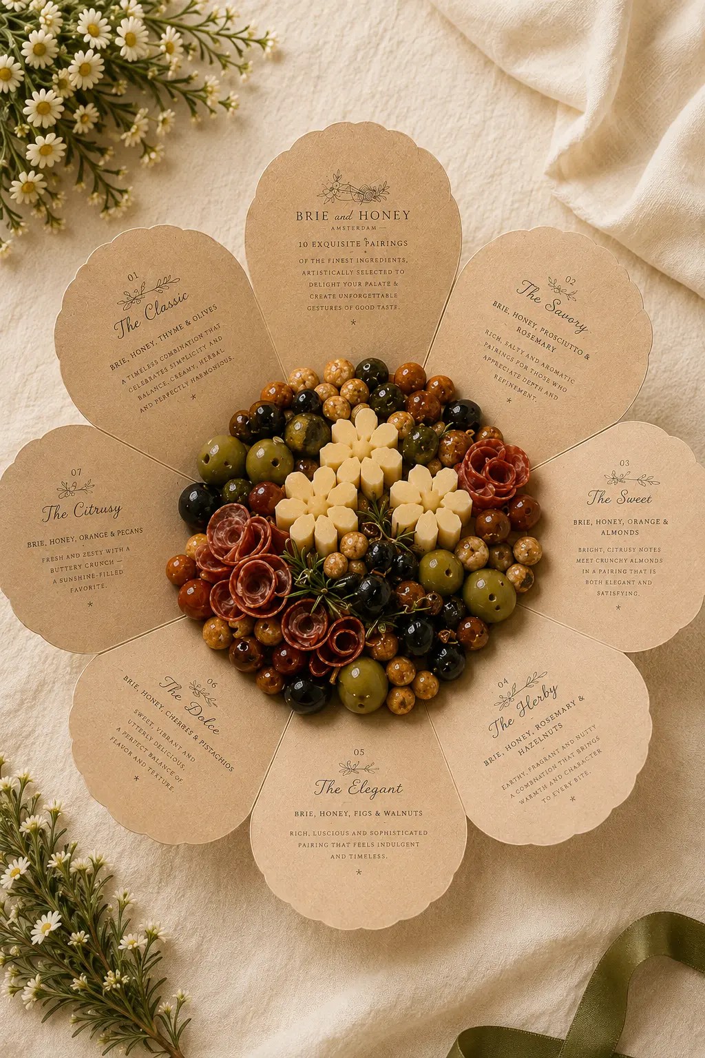 Medium Brie and Honey flower package opened with pairing petals, cheeses, salami roses and olives